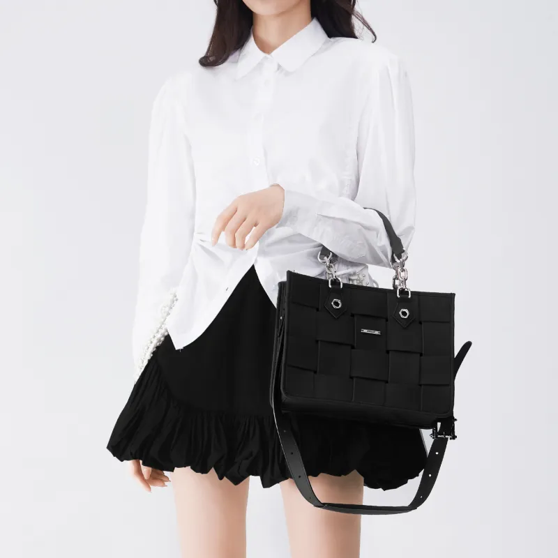 BABAMA Synthetic Leather Woven Bag Tote Bag Shopping Bag Crossbody Bag Handbag Mini Women's Black-5