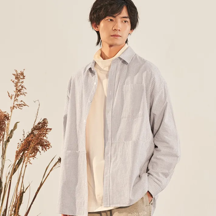 MOBI GARDEN Striped Long Sleeved Shirt Coat Top Unisex-11
