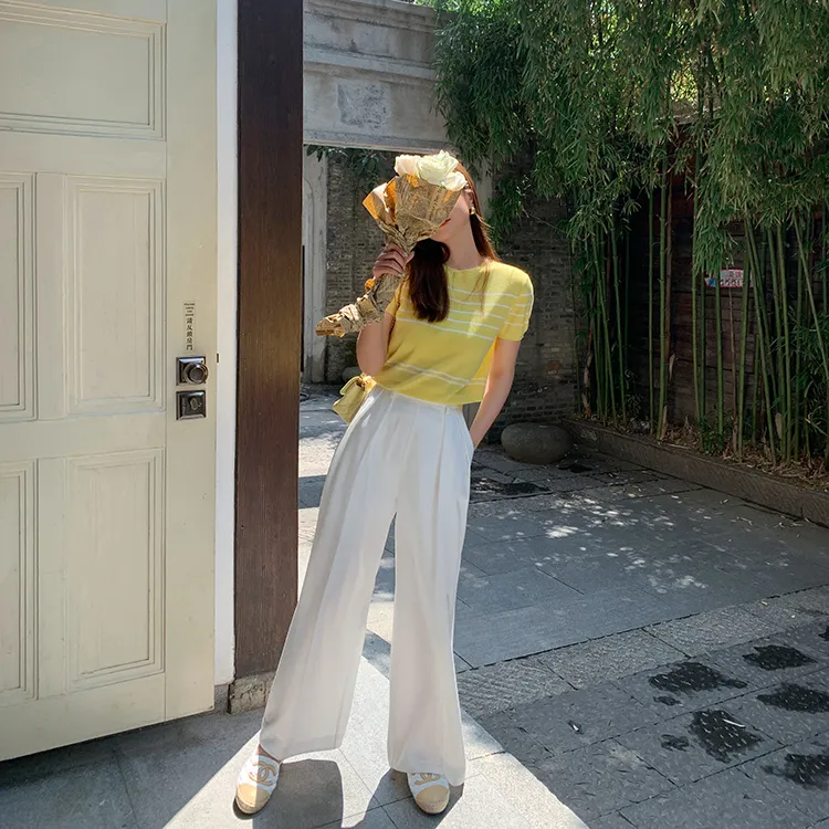 YUMOMO STAR T Shirts Women's Yellow With White Stripes-2