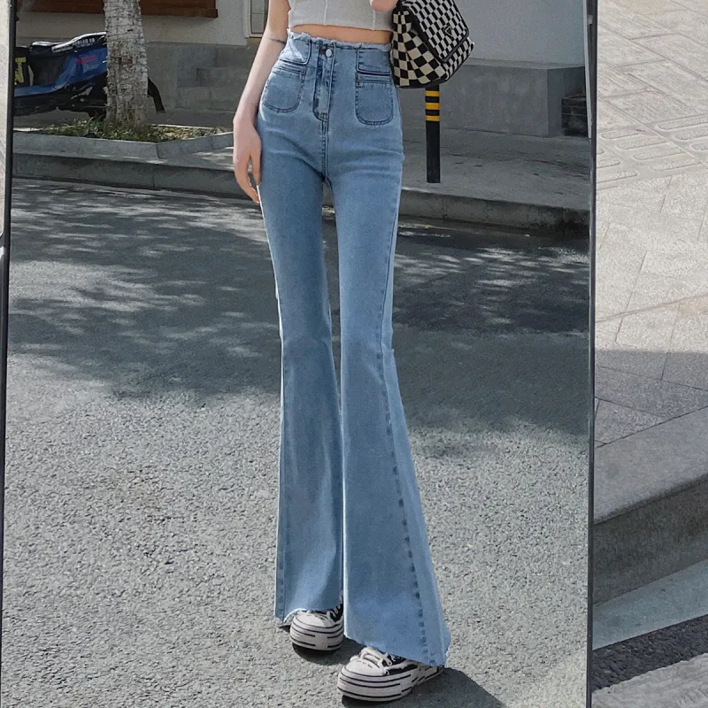 MITUAN Flared Pants Jeans Women's Light Blue-4