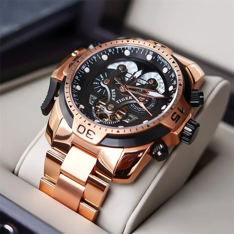 REEF TIGER Aurora Automatic Mechanical Movement Stainless Steel Watchband Watch Men's Watches Black Dial-5