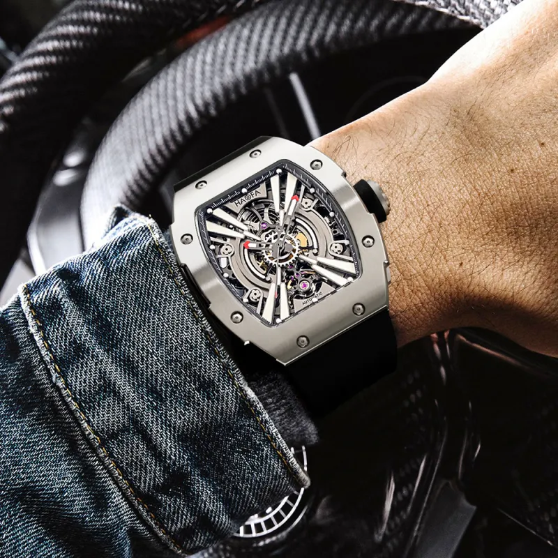 HaofaTourbillon Arknights Series Automatic Mechanical Movement Rubber Strap Watch Men's Watches Silver Dial-2