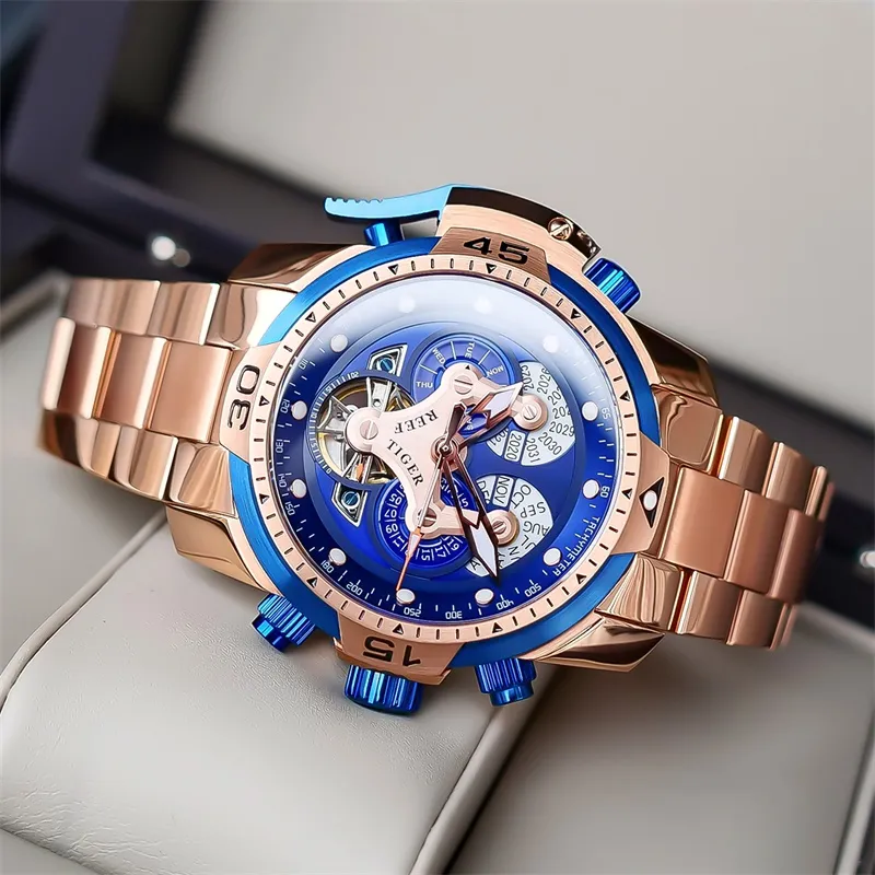 REEF TIGER Mechanical Movement Steel Strap Watch Men's Watches Black Dial-7
