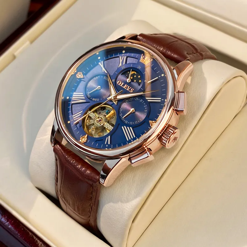 OLEVS Wisdom Series Mechanical Movement Leather Strap Watch Men's Watches Black Dial-13