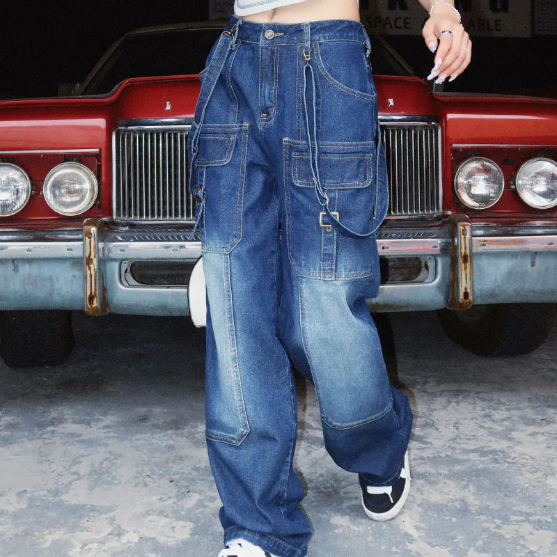 BEERBRO Cargo Pants Jeans Fall Women's Denim Blue-2