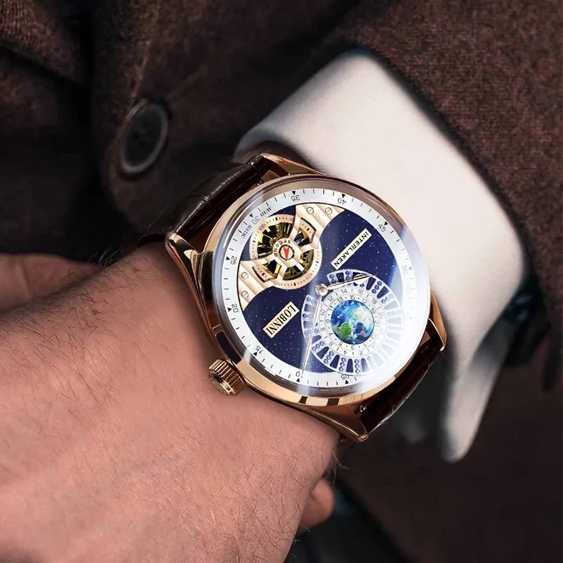 LOBINNI L Planet Watch Men's Automatic Mechanical Movement Cowhide Strap Watch Men's Watches Blue Dial-8