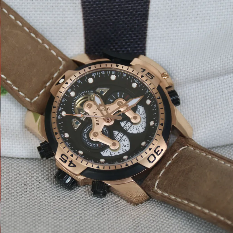 REEF TIGER Aurora Automatic Mechanical Movement Cowhide Strap Watch Men's Watches Black Dial-4