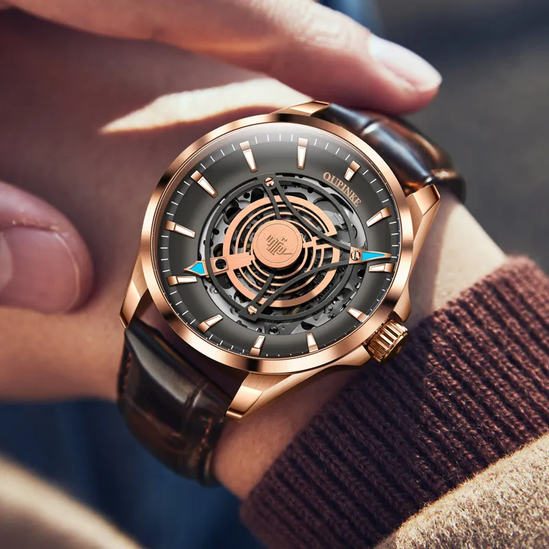 Oupinke Sky Eye Collection Mechanical Movement Leather Watch Bands Watch Men's Watches Black Dial-9