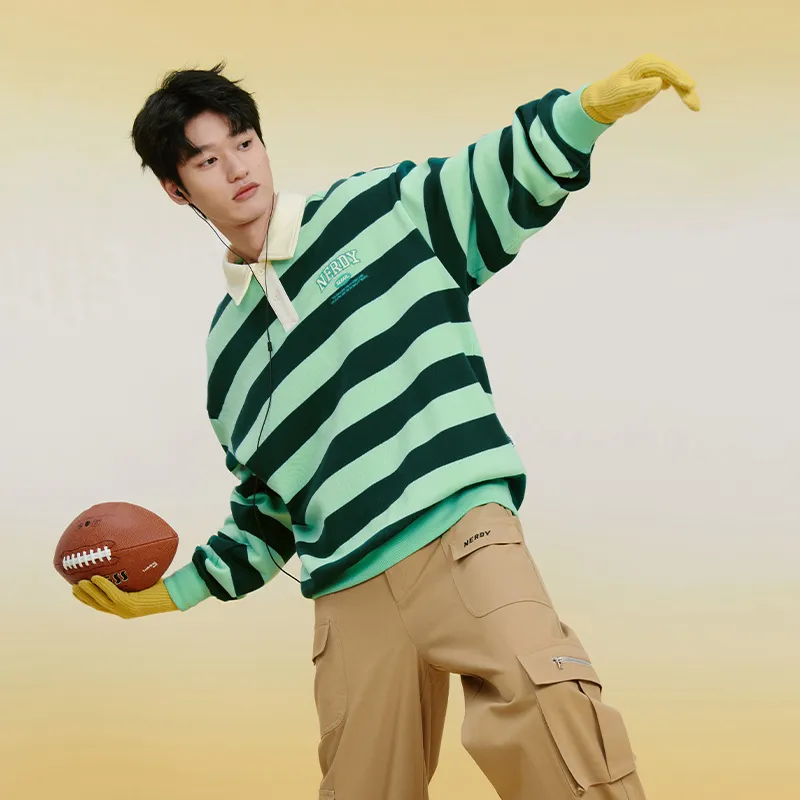 NERDY Sweatshirt Unisex Deep And Light Green Stripes-6