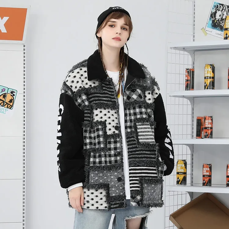 GENANX Letter Lapel Loose Fit Puffer Jacket Unisex Black Gray Color-4