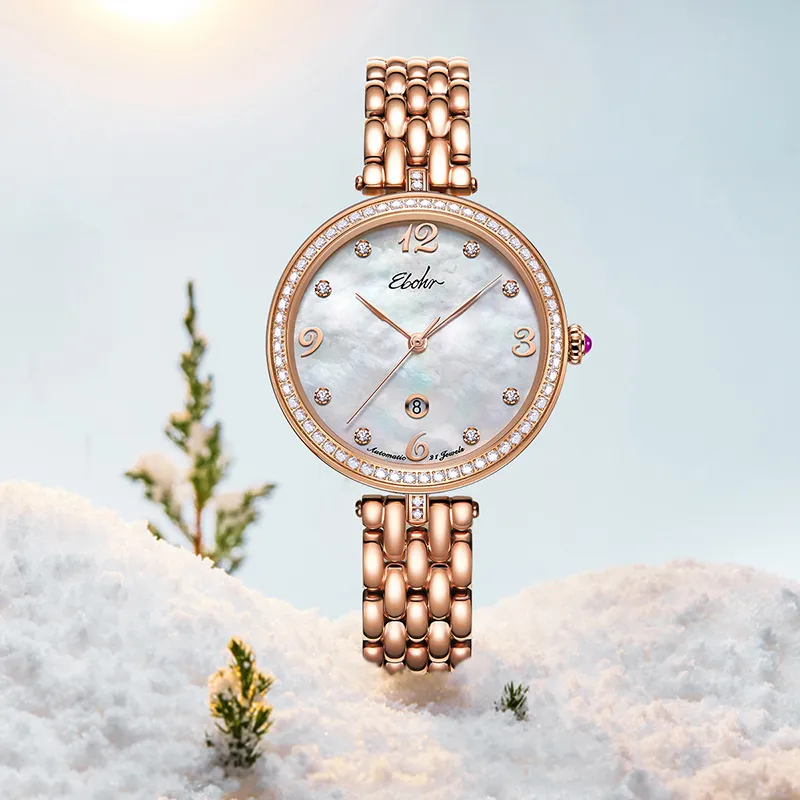 EBOHR Mechanical Movement Stainless Steel Strap Watch Women's Watch Mother-of-Pearl Color Watch Dial-4