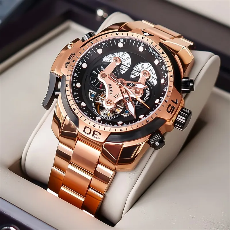 REEF TIGER Mechanical Movement Steel Strap Watch Men's Watches Black Dial-6