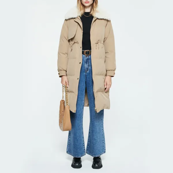 DKNY FW22 Solid Color Lapel Thickened Long Down Jacket Women's Camel-2