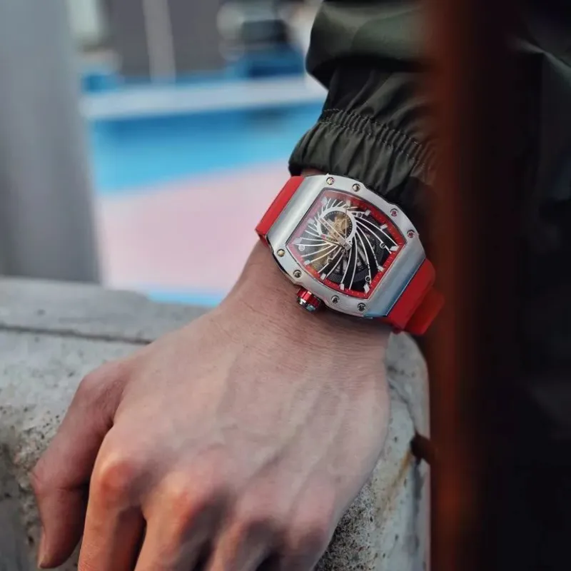BONEST GATTI Phantom Time Automatic Mechanical Movement Rubber Strap Watch Men's Watches Red Watch Dial-5