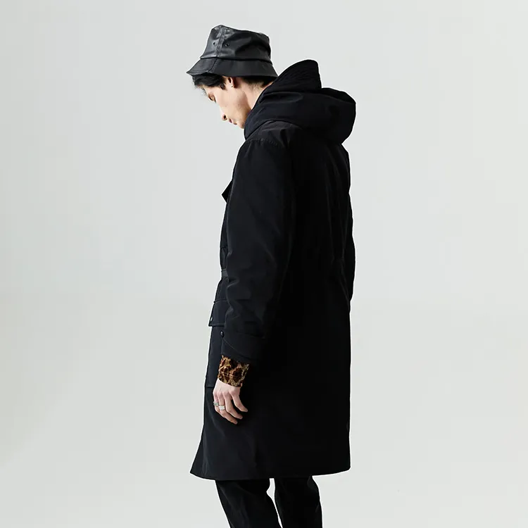 DAVID NAMAN Solid Color Hooded Mid Length Down Jacket Men's Black-5