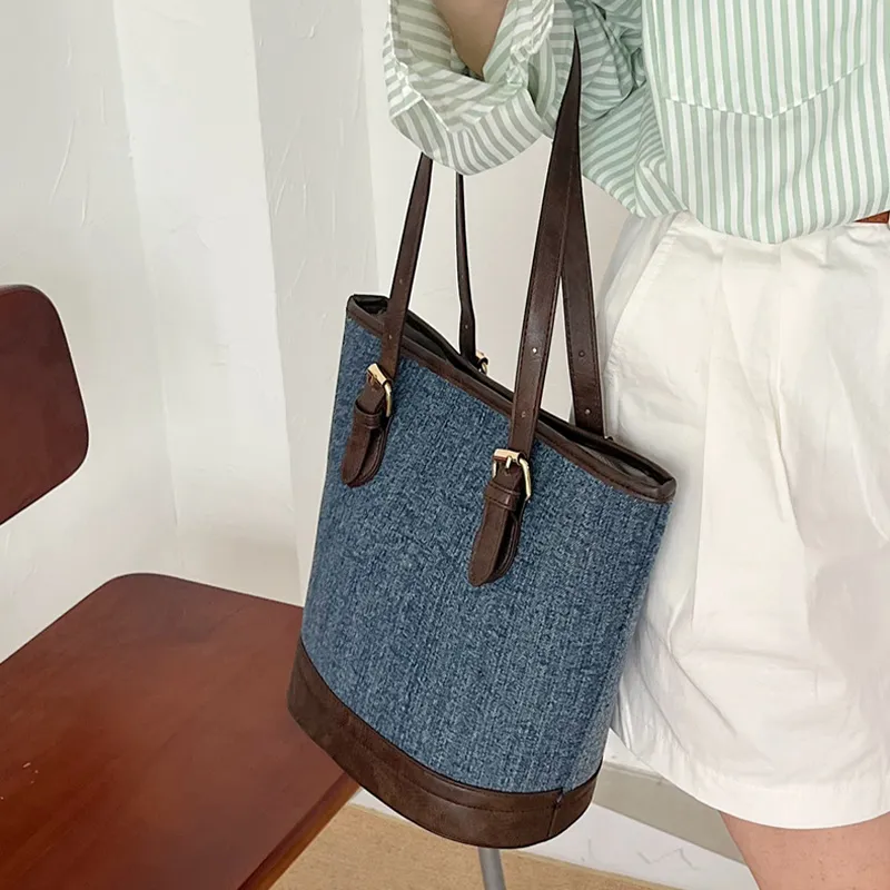 JANE KLAIN Denim Tote Bag, Shopping Bag, Shoulder Bag Regular Women's Light Blue/Dark Blue-3