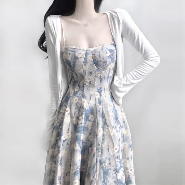Vine Color Slip Dresses Women's Light Blue-2