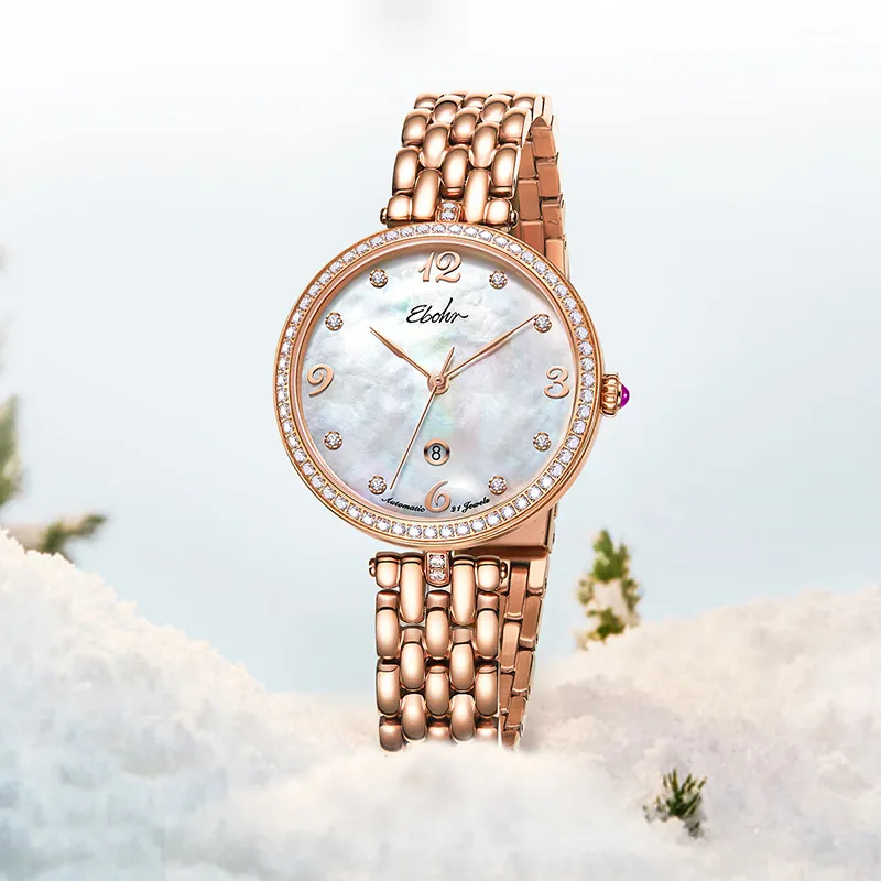 EBOHR Mechanical Movement Stainless Steel Strap Watch Women's Watch Mother-of-Pearl Color Watch Dial-3