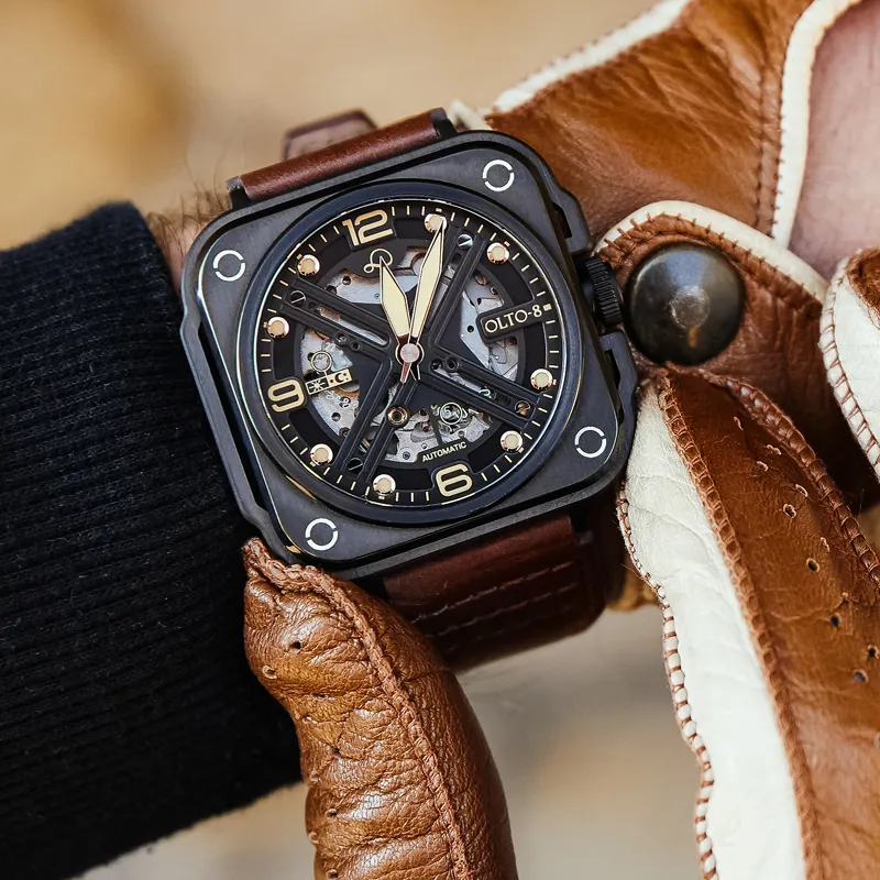 OLTO 8 X Navigator Collection Wrist Watch Automatic Mechanical Movement Genuine Leather Strap Black Dial Men's Watches-4