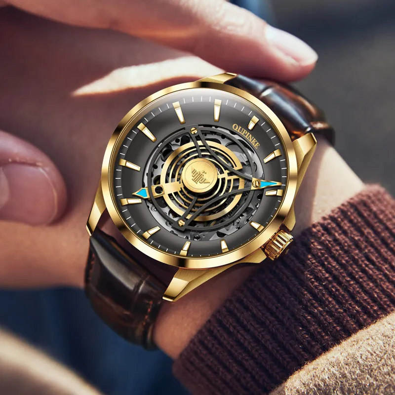 Oupinke Sky Eye Collection Mechanical Movement Leather Watch Bands Watch Men's Watches Black Dial-1