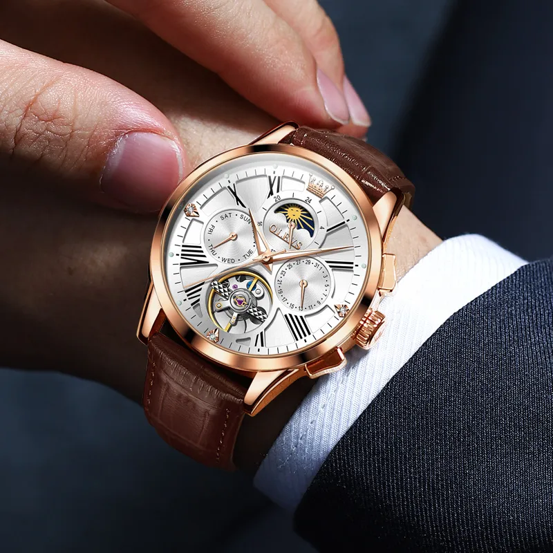 OLEVS Wisdom Series Mechanical Movement Leather Strap Watch Men's Watches Black Dial-22