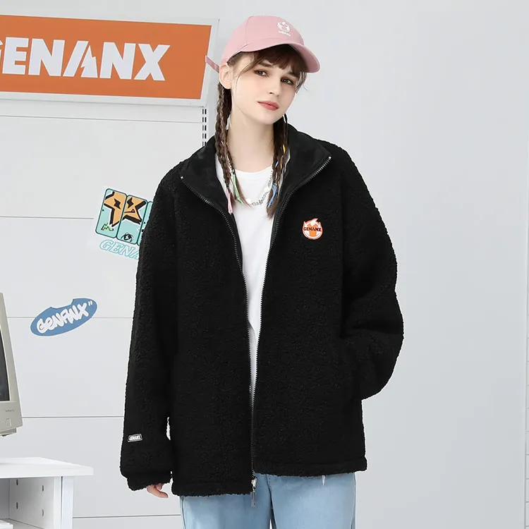 GENANX Letter Stand Collar Loose Fit Thickened Puffer Jacket Unisex Black-4