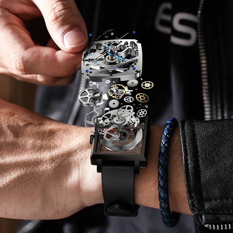 SOLLEN Window Flower Artistic Collection Automatic Mechanical Movement Watch Men's Watches Cut Out Dial SL205-3