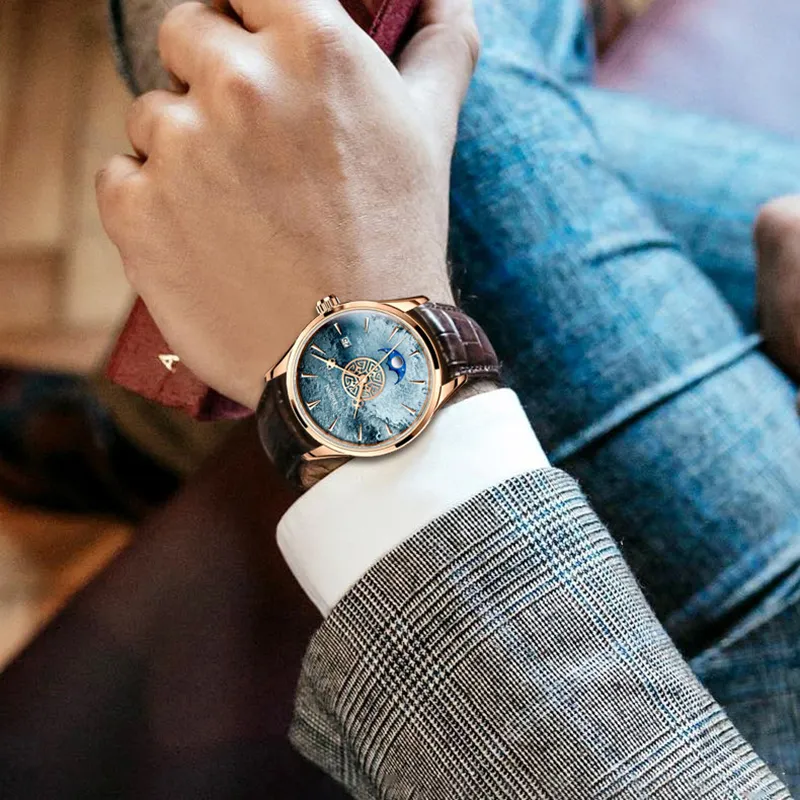LOBINNI L Automatic Mechanical Movement Genuine Leather Strap Watch Men's Watches Blue Dial-6