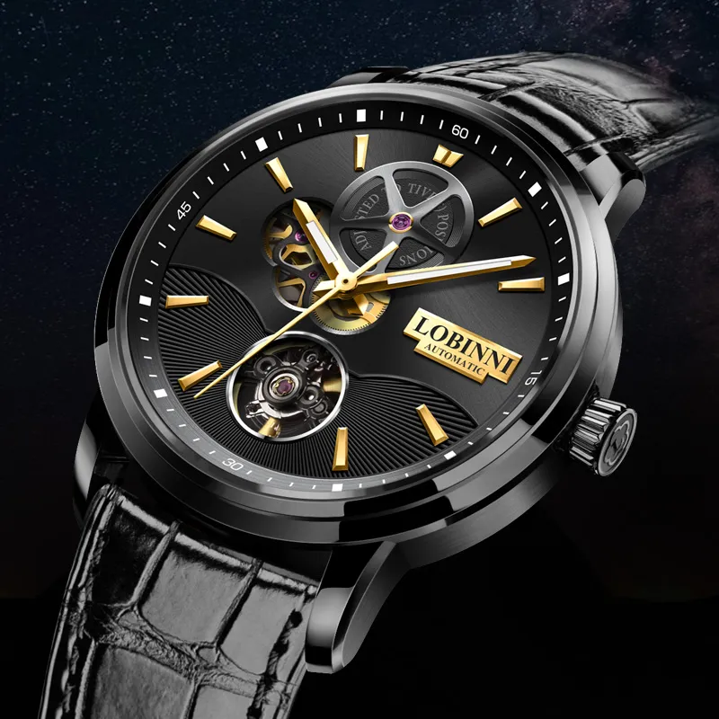 LOBINNI L Automatic Mechanical Movement Genuine Leather Strap Watch Men's Watches Black Dial-8