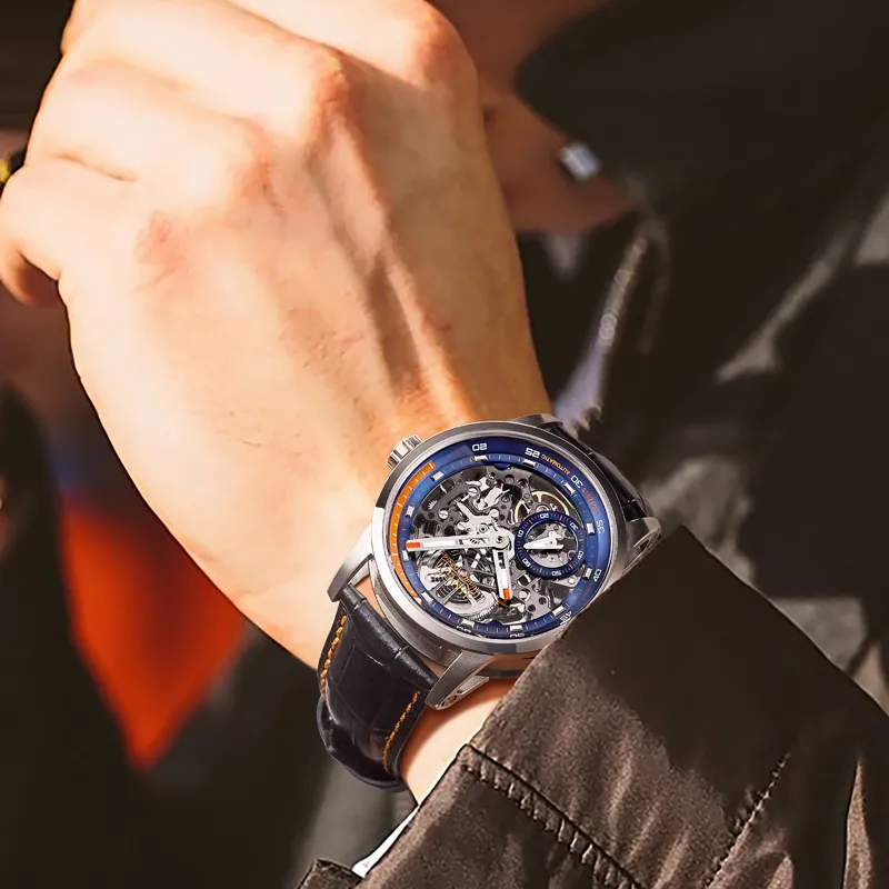 JINLERY Machine Automatic Mechanical Movement Genuine Leather Strap Watch Men's Watches Cut-Out Dial J9033-20
