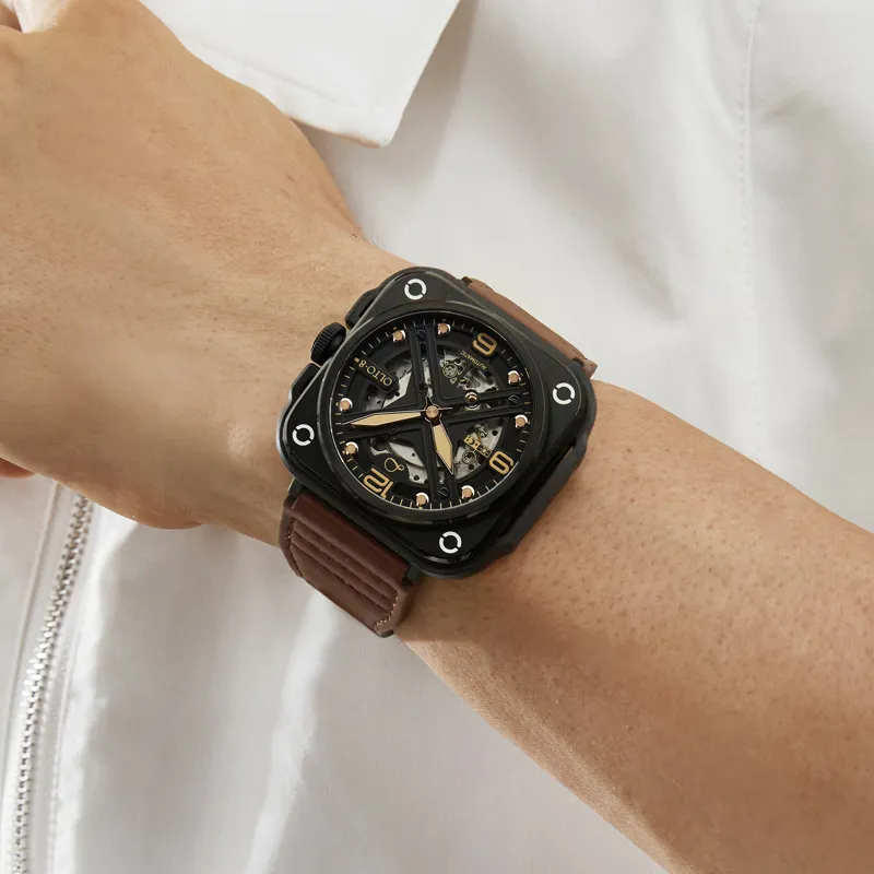 OLTO 8 X Navigator Collection Wrist Watch Automatic Mechanical Movement Genuine Leather Strap Black Dial Men's Watches-3