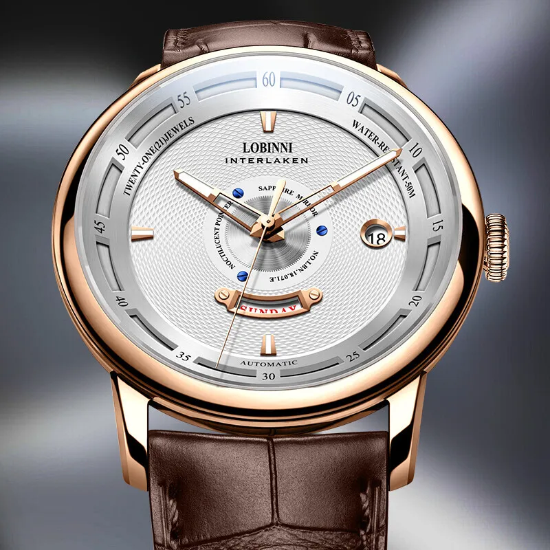 LOBINNI L Automatic Mechanical Movement Genuine Leather Strap Watch Men's Watches Black Dial-22
