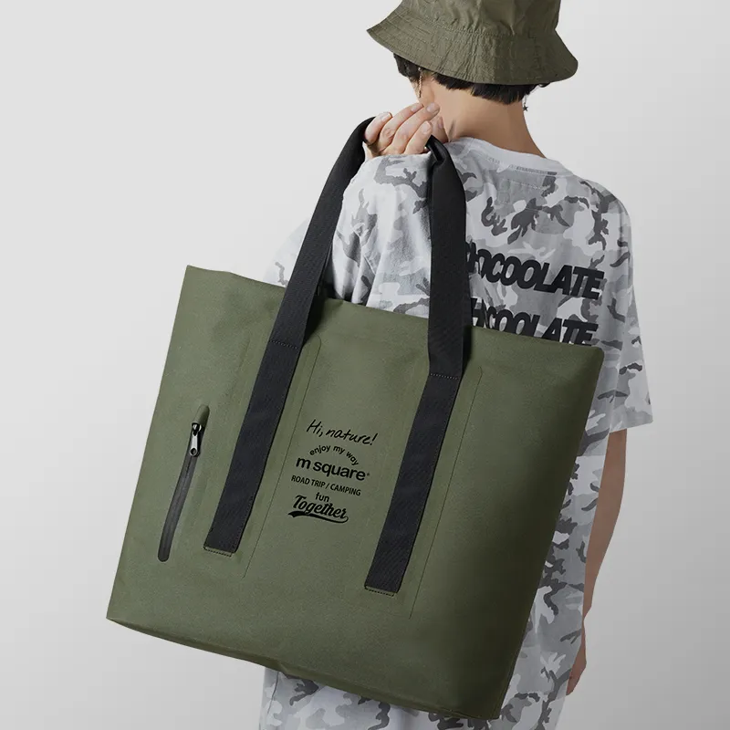 M Square Fabric Beach Bag, Tote Bag, Shopping Bag, Shoulder Bag Tubas Unisex Olive Green-3