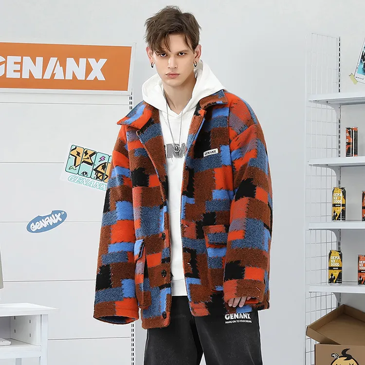 GENANX Checkerboard Lapel Loose Fit Puffer Jacket Unisex-3