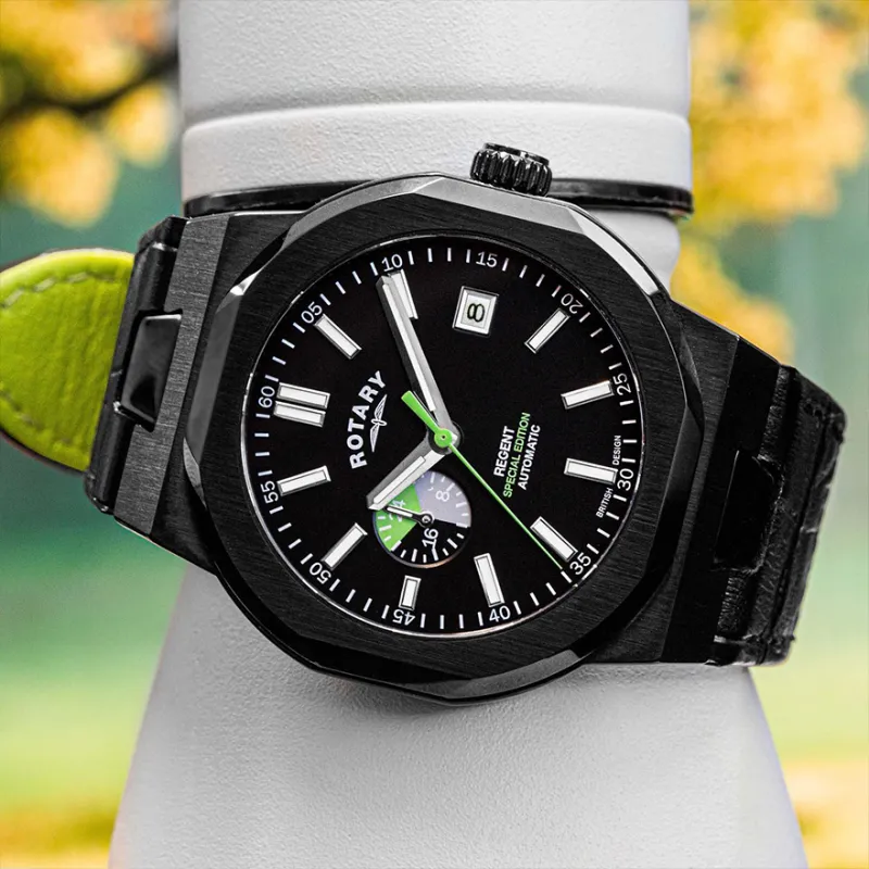 ROTARY Wrist Watch Automatic Mechanical Movement Genuine Leather Strap Black Dial Men's Watches-13