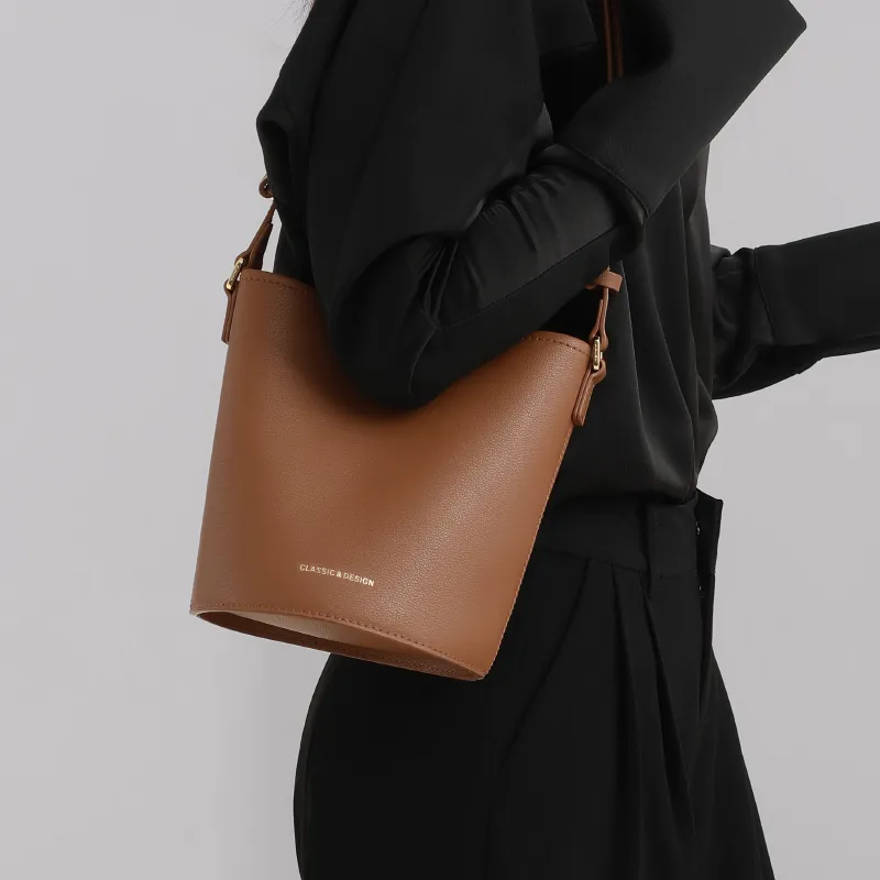 VINEY Cow Leather Underarm Bucket Bag, Shoulder Bag Mini Women's Camel Brown-3