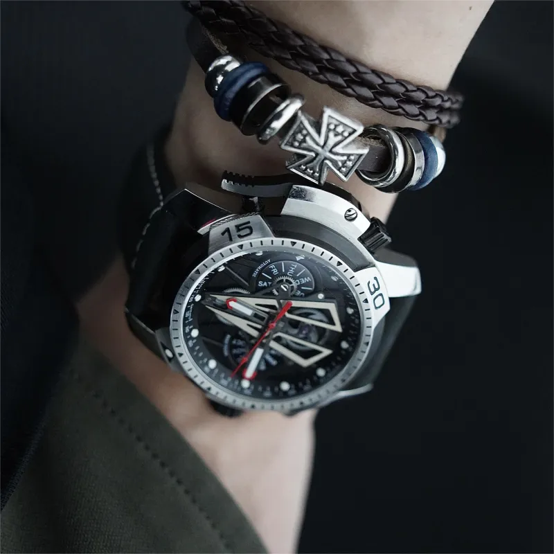 REEF TIGER Aurora Mechanical Movement Genuine Leather Strap Watch Men's Watches Black Dial-3