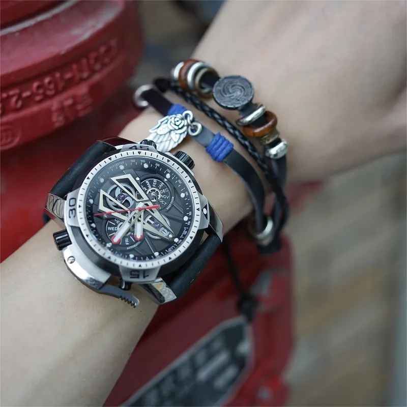 REEF TIGER Aurora Mechanical Movement Genuine Leather Strap Watch Men's Watches Black Dial-4