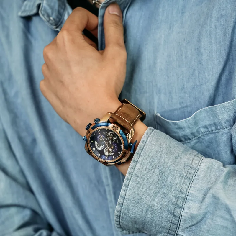 REEF TIGER Automatic Mechanical Movement Genuine Leather Strap Watch Men's Watches Black Dial-4