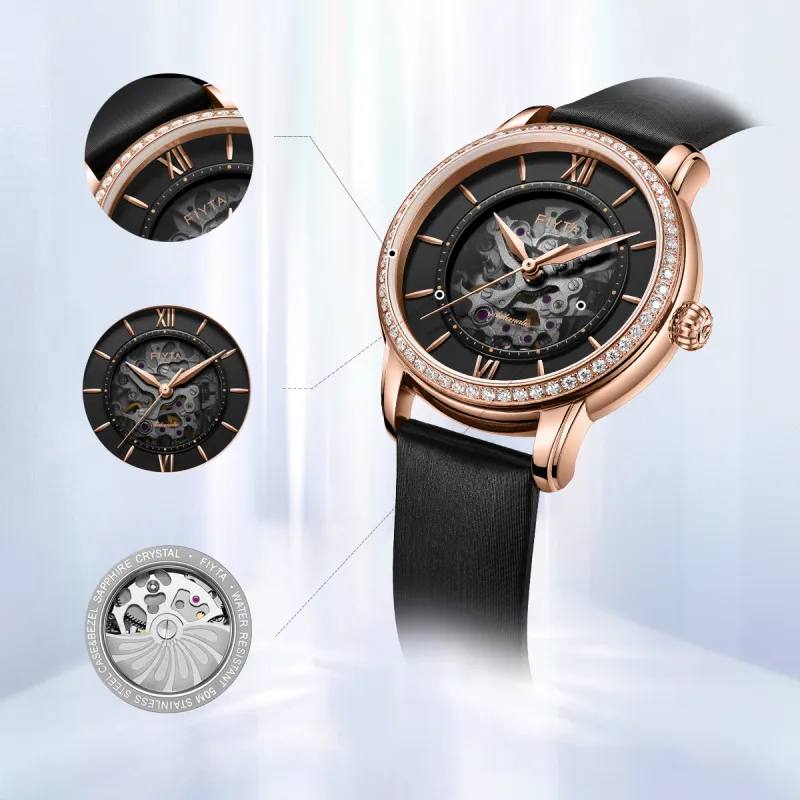 Fiyta Automatic Mechanical Movement Genuine Leather Strap Watch Women's Watch Black Dial-2