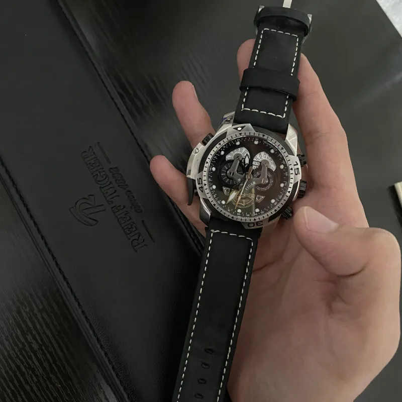 REEF TIGER Aurora Automatic/Manual Mechanical Movement Steel Strap Watch Men's Watches Black Dial-2