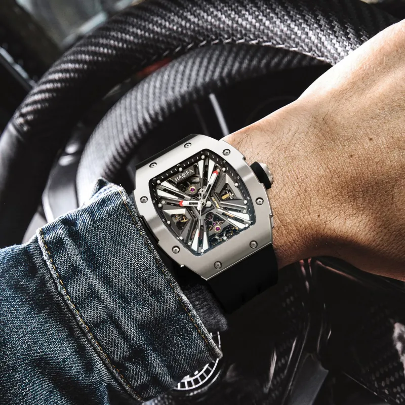 HaofaTourbillon Mechanical Movement Rubber Strap Watch Men's Watches Silver Dial-3