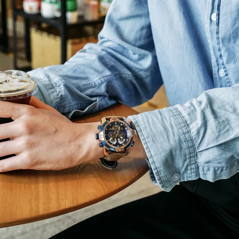REEF TIGER Automatic Mechanical Movement Genuine Leather Strap Watch Men's Watches Black Dial-3