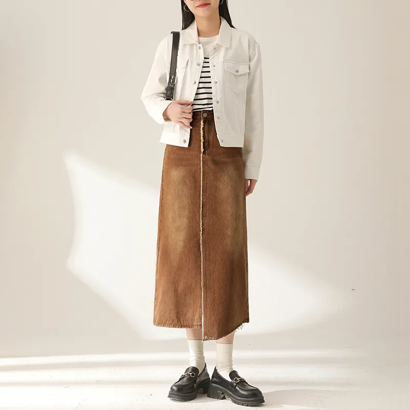 MITUAN Denim Long Skirts Women's Coffee-2