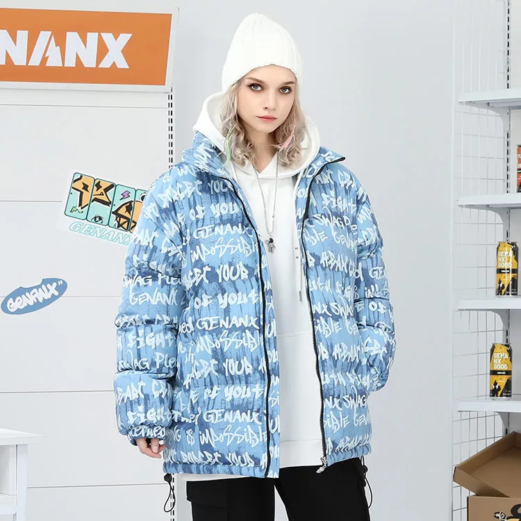 GENANX Stand Collar Loose Fit Puffer Jacket Unisex Print Blue-5