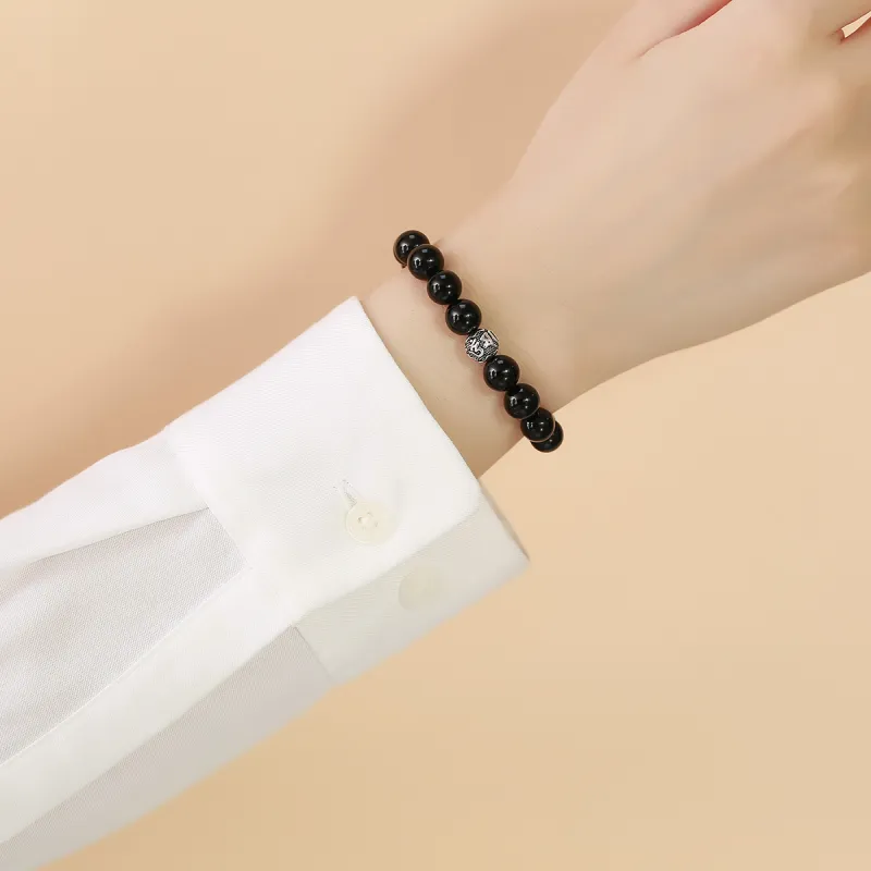 LIANDUO 925 Sterling Silver Black Obsidian Agate Bracelets Unisex-5