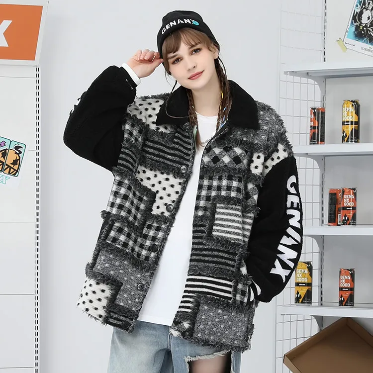 GENANX Letter Lapel Loose Fit Puffer Jacket Unisex Black Gray Color-3