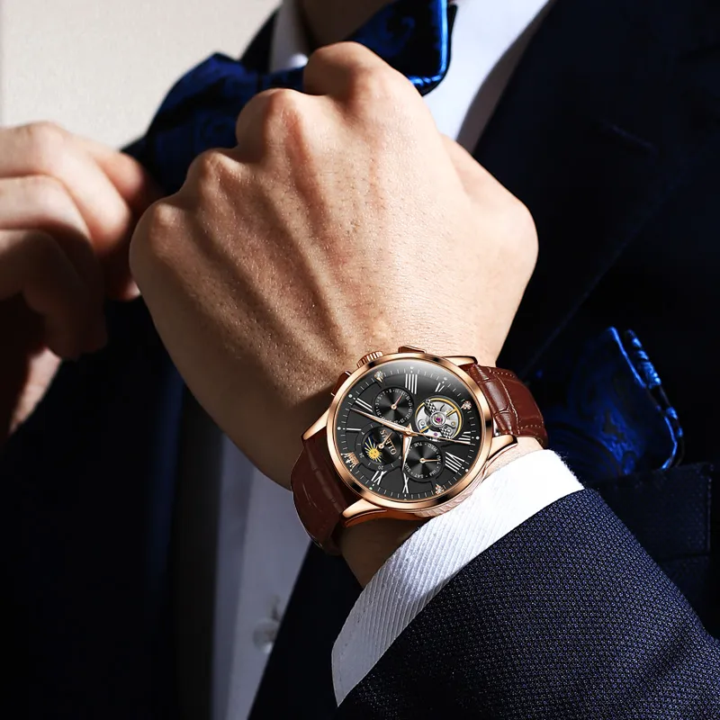 OLEVS Wisdom Series Mechanical Movement Leather Strap Watch Men's Watches Black Dial-26