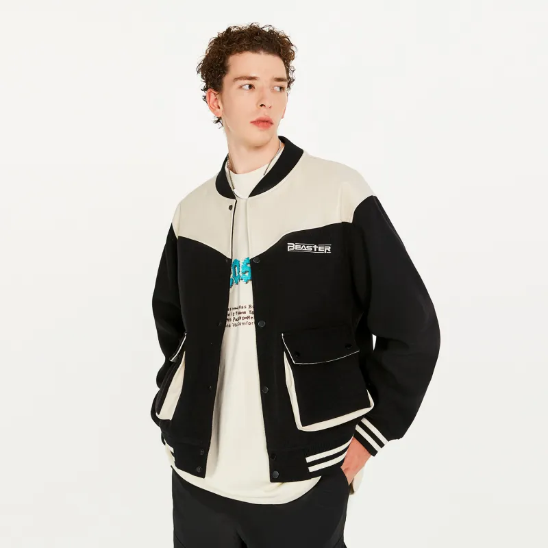 BEASTER Letter Colorblock Baseball Collar Loose Fit Thickened Puffer Jacket Unisex-4