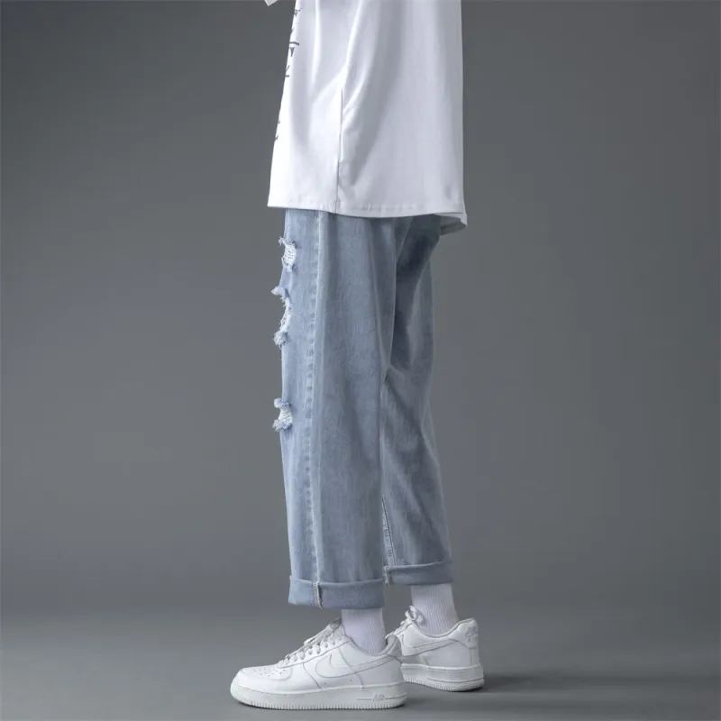 FAIRWHALE Summer Jeans Unisex Ripped Denim Blue-4